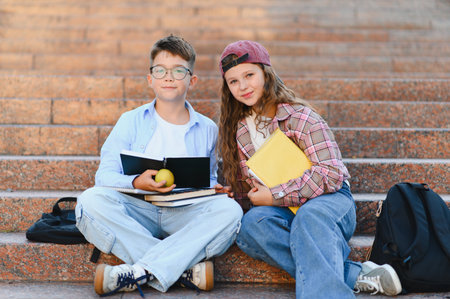 Two young students sitting on school stairs, holding books and an apple, representing education and friendshipの写真素材
