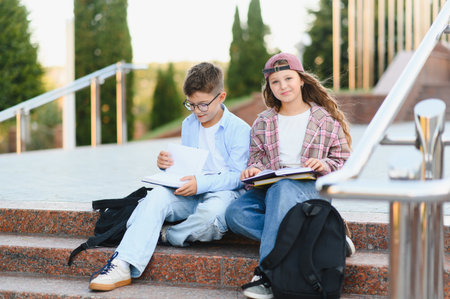 Students sitting on school steps, boy and girl studying outdoors, preparing for lessons, education...