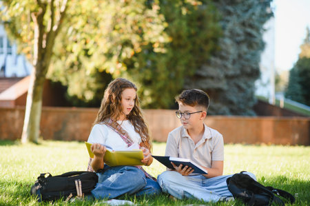 Schoolchildren sitting on grass, studying and discussing books, enjoying education outdoors during a...