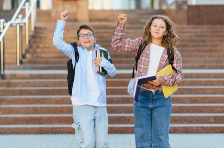 Two excited school kids with backpacks and books raising their fists in front of school building...