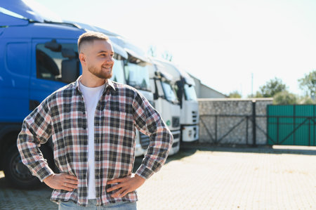 Young man smiling, standing proudly with hands on hips, showcasing his occupation as a truck driver...