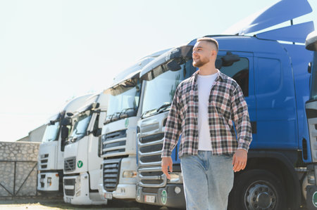Man smiling, walking confidently past a row of parked semi trucks. Representing transportation...