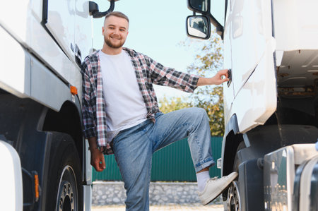 Young man smiling while stepping into the cabin of a commercial truck, representing transport,...