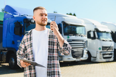 Young male truck driver holding a two way radio and clipboard, managing logistics in a truck parking...