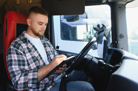 Man filling out logistics documents, ensuring smooth transport and delivery operations from a truck...