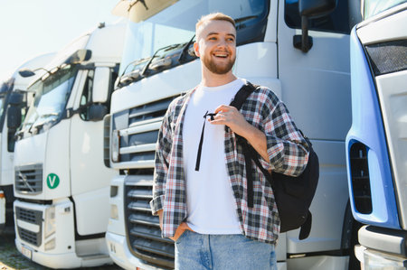 Happy young man with backpack standing next to cargo trucks, representing transportation and...