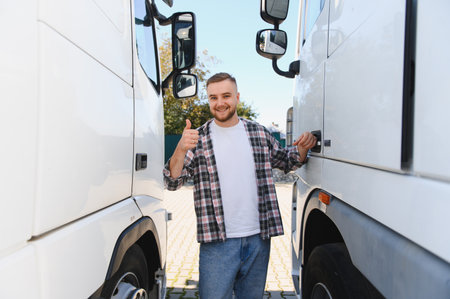 Young man smiling, standing between two large white trucks. He is a professional trucker, proud of...