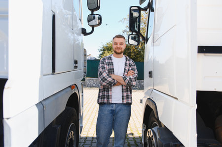 Young man smiling, arms crossed, standing confidently between two white semi trailer trucks....