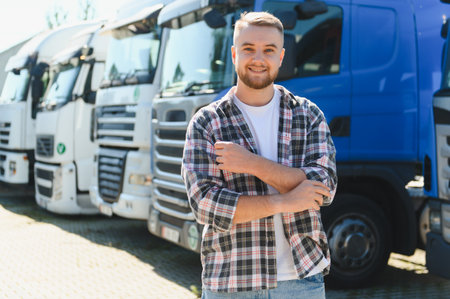 Smiling young man, a professional truck driver, standing confidently with crossed arms in front of...