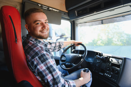 Young man driving a semi truck. He is a professional worker transporting goods, looking at the...