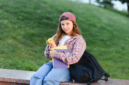 Schoolgirl sitting on a bench, having a healthy snack, and holding books and a backpack on campus....
