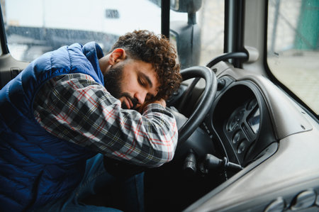 Truck driver resting head on steering wheel, exhausted and drowsy after long haul, taking a break in the parked cabinの写真素材
