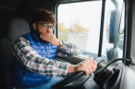 Young man covering mouth with hand while yawning, experiencing fatigue and sleepiness in truck cabin, long haul transportationの写真素材