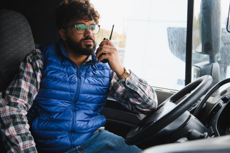 Male truck driver wearing blue vest, holding and speaking into a handheld walkie talkie device inside truck cab, focused on jobの写真素材