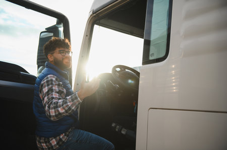 Young man wearing glasses and plaid shirt sitting in a truck cab during a sunny day, representing transport and logisticsの写真素材