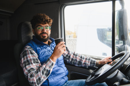 Professional truck driver in cab holding coffee cup, looking at camera during break portrait of hardworking long haul driverの写真素材