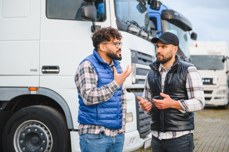 Two truck drivers having a conversation, sharing ideas and discussing work related to transportation and freight deliveryの写真素材
