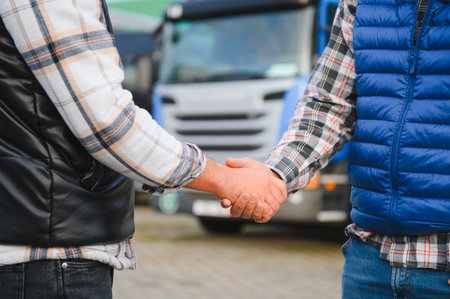 Two men shaking hands outside warehouse, showing agreement for freight transport and successful delivery service collaborationの写真素材