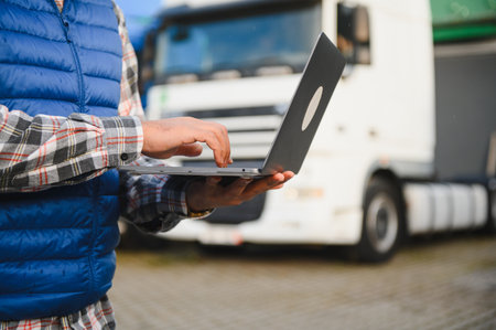Driver managing logistics, fleet, and delivery scheduling with a laptop in front of a heavy goods vehicleの写真素材