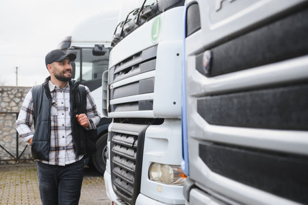 Man standing by cargo trucks, representing efficient transport, logistics, and delivery services. Focused on shipping industryの写真素材