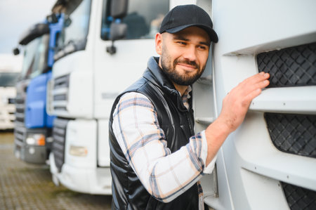 Confident male truck driver with a beard and cap, resting hand on a semi truck grille, representing logistics and freight transportationの写真素材