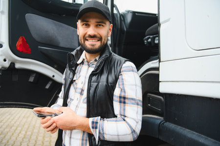 Happy professional truck driver standing outside large commercial vehicle, texting or navigating on a mobile phoneの写真素材