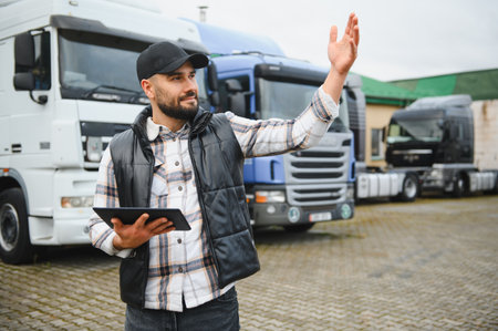 Happy bearded man truck driver holding tablet outdoors, managing logistics and looking at fleet of vehiclesの写真素材