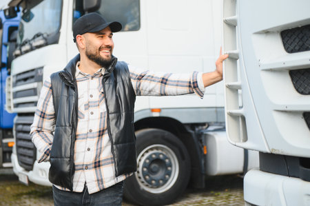 Young male trucker in a cap and vest smiling by his commercial vehicle, representing logistics and freight transportationの写真素材