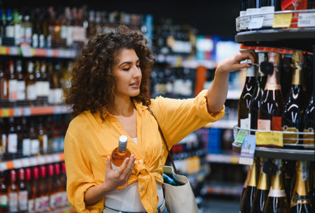 Young woman shopping for beverages, holding a bottle of rose wine and reaching for another on a...