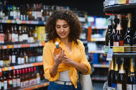 Woman reading label of a wine bottle, doing grocery shopping in the alcohol aisle of a store or...