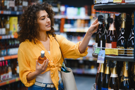 Woman standing in liquor store, holding a bottle and browsing champagne and sparkling wine collection on a shelfの写真素材