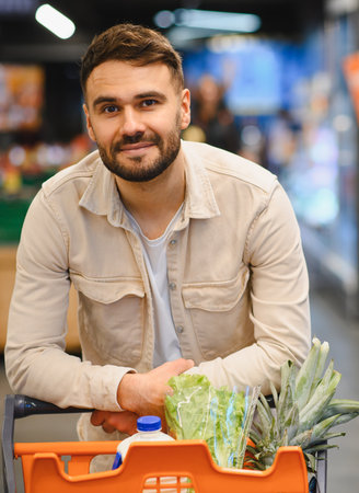 Young man smiling, leaning on a shopping cart full of healthy food in a grocery store aisle. Looking at camera, consumer lifestyle conceptの写真素材