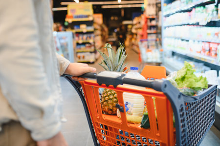 Customer selecting fresh produce and groceries, pushing orange shopping cart through a blurred...