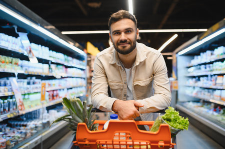 Man smiling at the camera, pushing a full shopping cart down a bright supermarket aisle, buying groceriesの写真素材