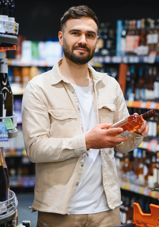 Adult man holding a bottle of rose wine, looking directly at the camera while shopping in a liquor or supermarket aisleの写真素材