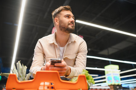 Customer selecting products in grocery store, looking away while holding mobile phone and pushing...