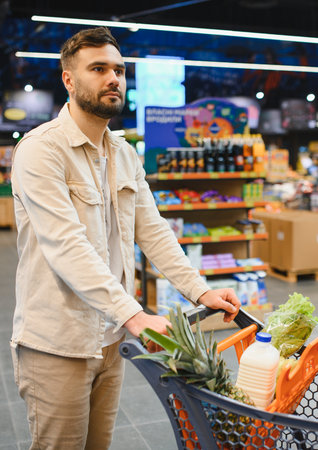 Young man standing in a grocery store aisle, pushing a shopping cart filled with fresh produce and consumer goodsの写真素材
