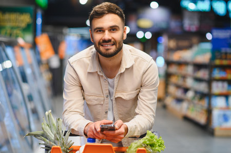 Smiling man standing with a shopping cart in a supermarket aisle, holding a smartphone and looking at the cameraの写真素材