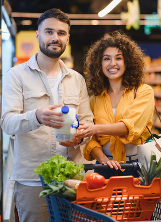 Young smiling couple choosing products and pushing a shopping cart full of fresh healthy food in a large supermarketの写真素材