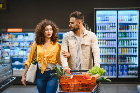 Young couple walking through a supermarket aisle, pushing a shopping cart full of fresh produce and other food itemsの写真素材