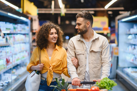 Smiling young couple pushing a shopping cart filled with fresh produce, walking through a brightly lit grocery store aisleの写真素材