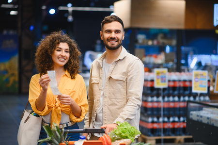 Young happy couple standing in a supermarket aisle, checking their purchase receipt while pushing a shopping cart filled with fresh produceの写真素材