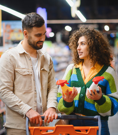 Couple shopping in supermarket aisle, comparing cleaning products and discussing choices for their household needsの写真素材