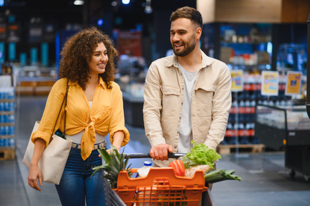 Young couple enjoying their time shopping for fresh food and daily necessities, pushing a cart in a modern grocery storeの写真素材