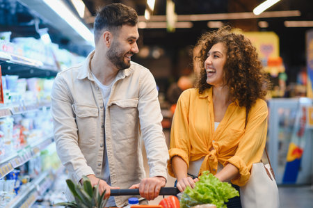 Joyful couple pushing a shopping cart, looking at each other and smiling in a supermarket aisle filled with produceの写真素材