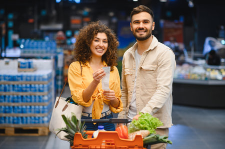 Young couple smiling, pushing a shopping cart full of fresh produce, and checking a receipt in a grocery storeの写真素材