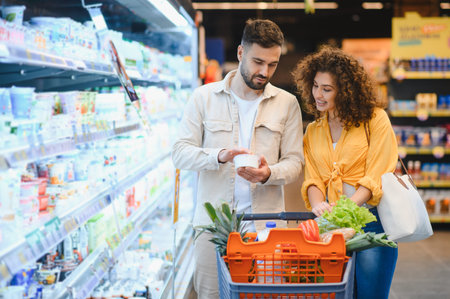 Young couple comparing products in the dairy aisle, pushing a shopping cart filled with fresh produce and essentialsの写真素材