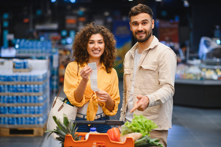 Young couple comparing grocery receipt and cart items in supermarket aisle, smiling while budgeting and planning purchasesの写真素材