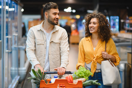 Couple pushing shopping cart filled with fresh produce, interacting and smiling while buying food at a grocery storeの写真素材