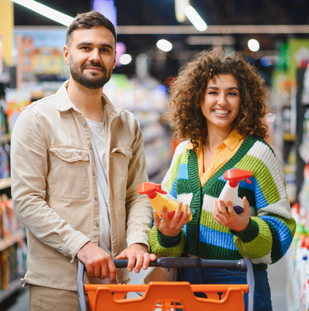 Young happy couple pushing a shopping cart, choosing cleaning products in the grocery store aisle....